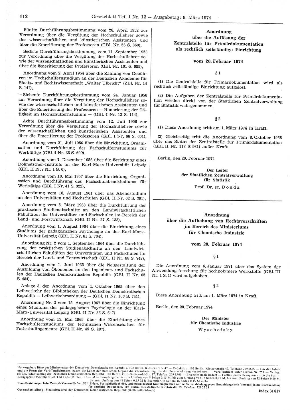 Gesetzblatt (GBl.) der Deutschen Demokratischen Republik (DDR) Teil Ⅰ 1974, Seite 112 (GBl. DDR Ⅰ 1974, S. 112)