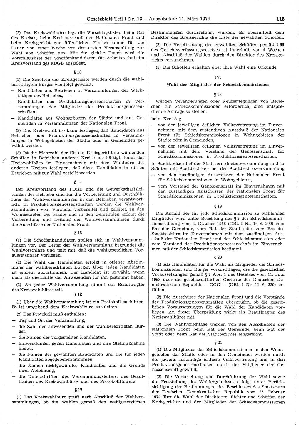 Gesetzblatt (GBl.) der Deutschen Demokratischen Republik (DDR) Teil Ⅰ 1974, Seite 115 (GBl. DDR Ⅰ 1974, S. 115)