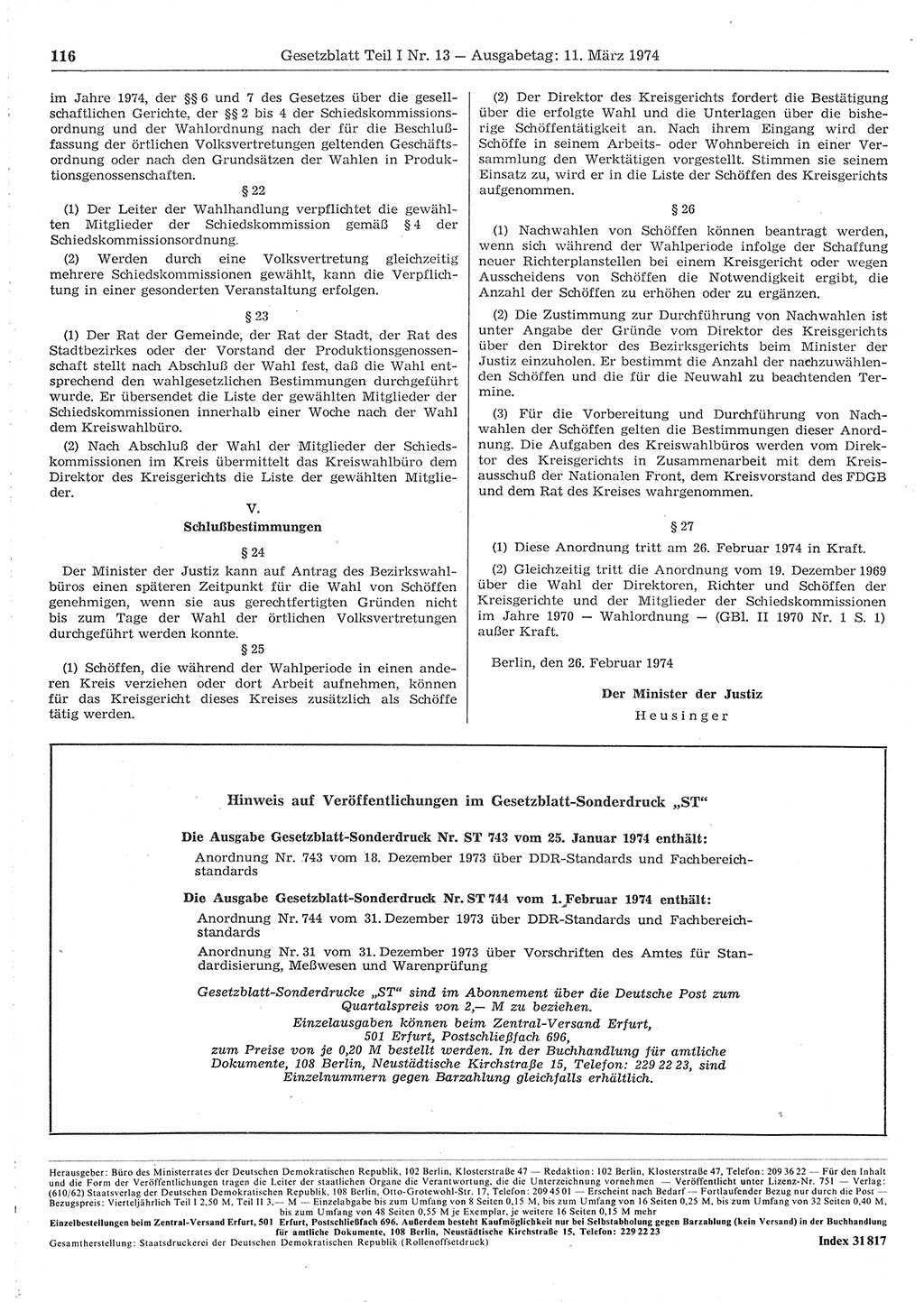 Gesetzblatt (GBl.) der Deutschen Demokratischen Republik (DDR) Teil Ⅰ 1974, Seite 116 (GBl. DDR Ⅰ 1974, S. 116)