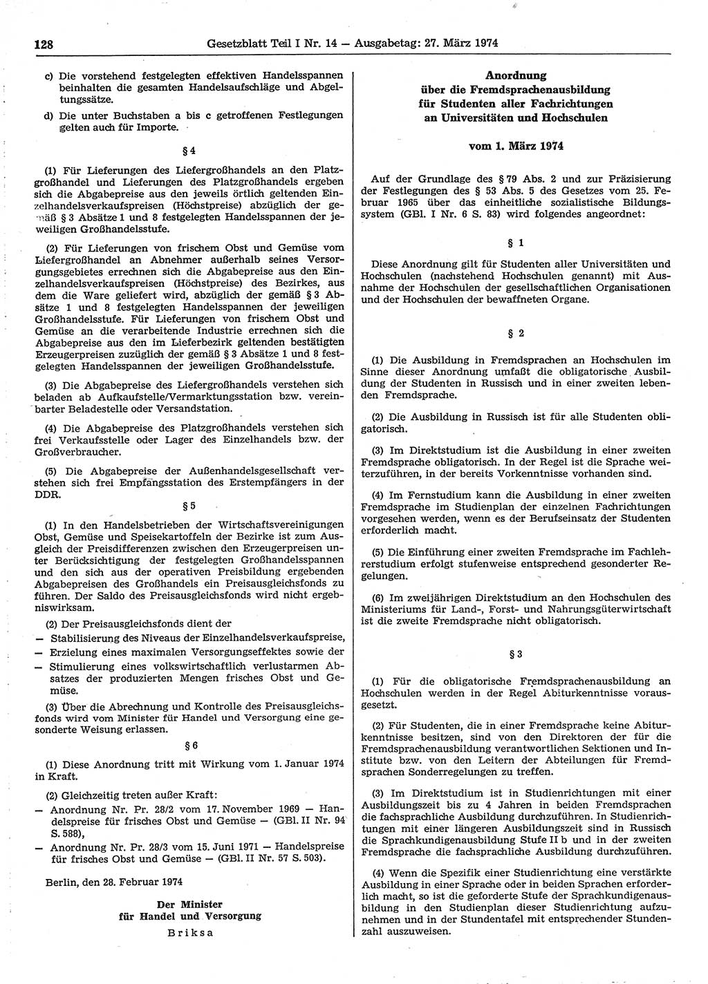 Gesetzblatt (GBl.) der Deutschen Demokratischen Republik (DDR) Teil Ⅰ 1974, Seite 128 (GBl. DDR Ⅰ 1974, S. 128)