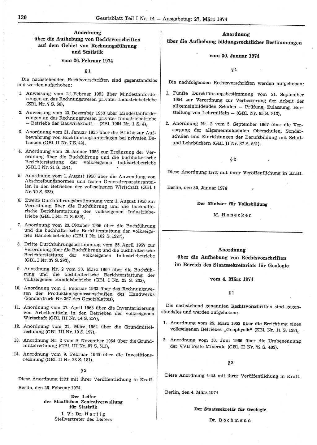 Gesetzblatt (GBl.) der Deutschen Demokratischen Republik (DDR) Teil Ⅰ 1974, Seite 130 (GBl. DDR Ⅰ 1974, S. 130)