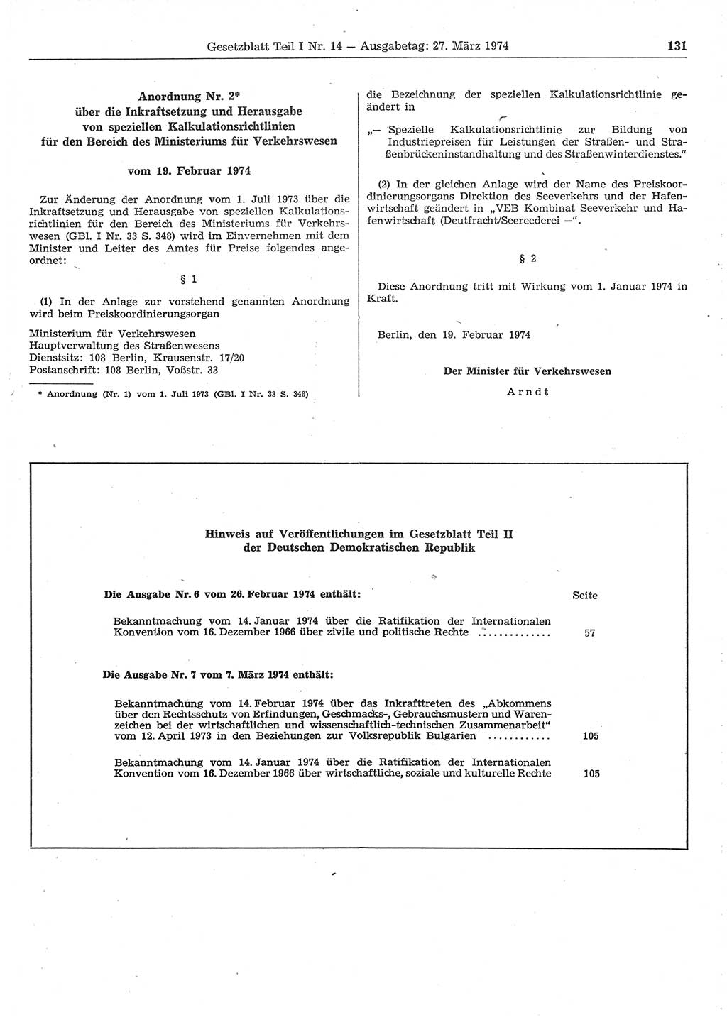 Gesetzblatt (GBl.) der Deutschen Demokratischen Republik (DDR) Teil Ⅰ 1974, Seite 131 (GBl. DDR Ⅰ 1974, S. 131)