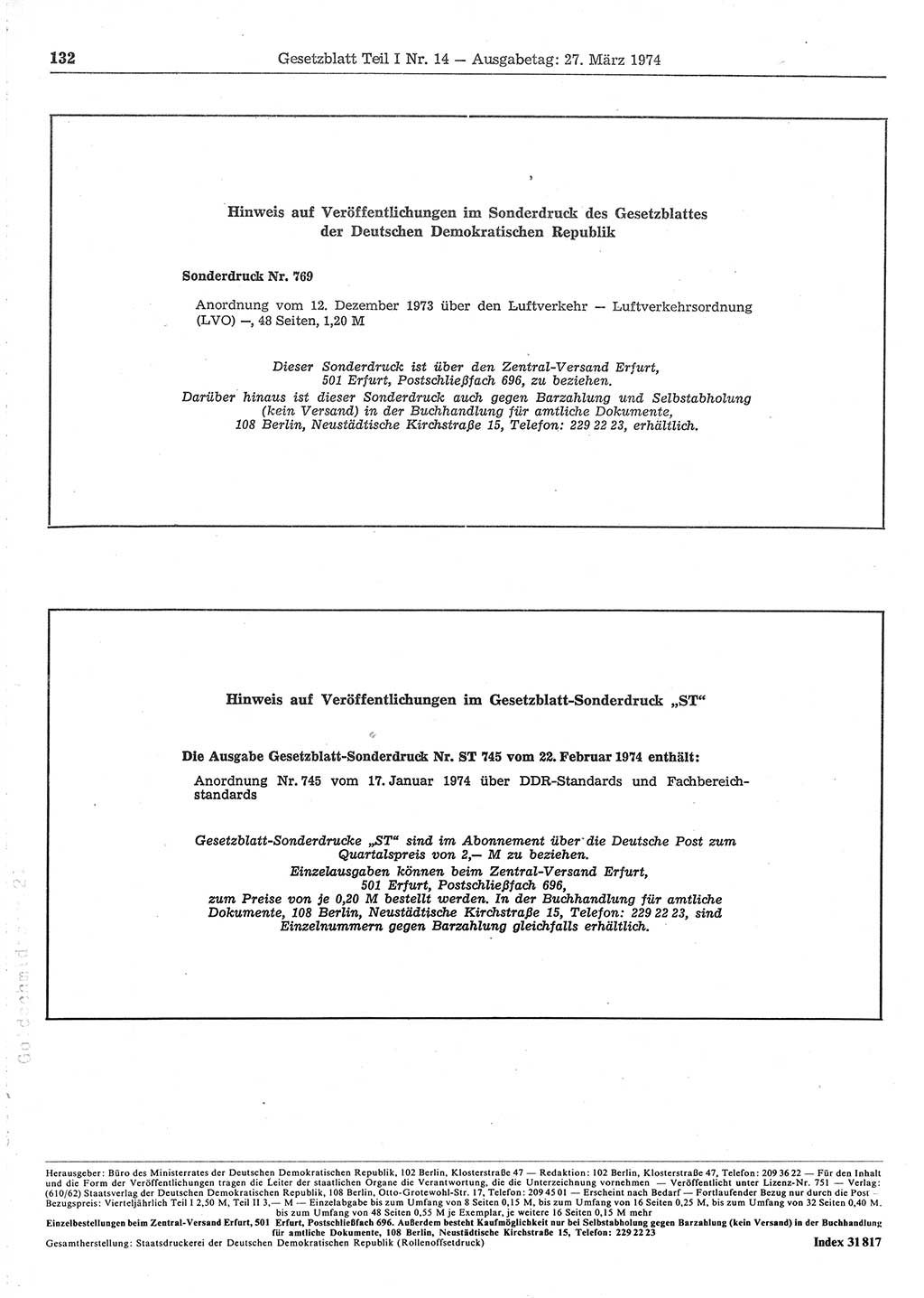 Gesetzblatt (GBl.) der Deutschen Demokratischen Republik (DDR) Teil Ⅰ 1974, Seite 132 (GBl. DDR Ⅰ 1974, S. 132)