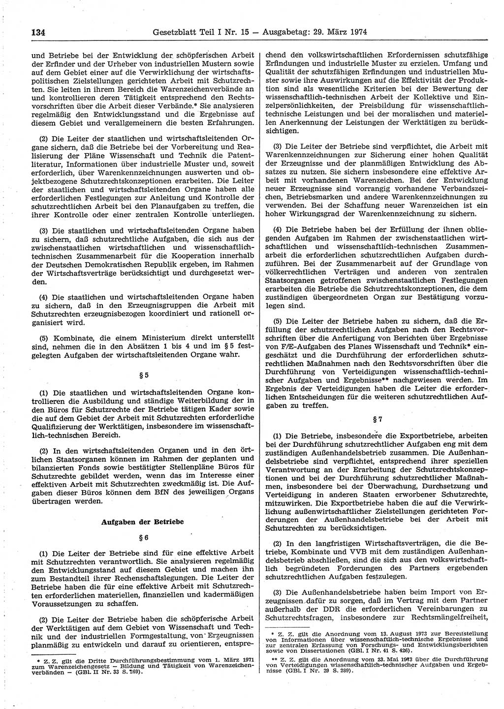 Gesetzblatt (GBl.) der Deutschen Demokratischen Republik (DDR) Teil Ⅰ 1974, Seite 134 (GBl. DDR Ⅰ 1974, S. 134)