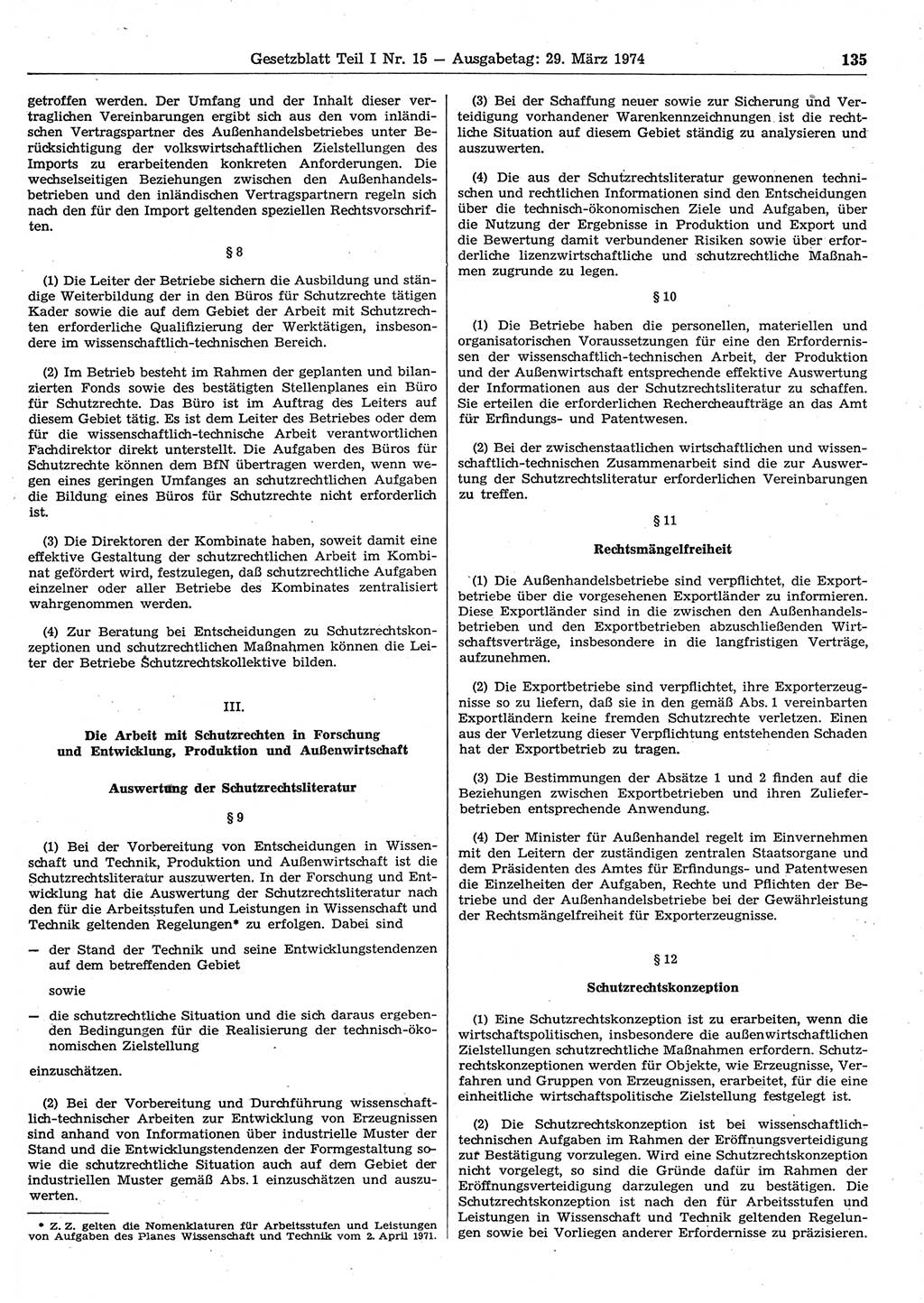 Gesetzblatt (GBl.) der Deutschen Demokratischen Republik (DDR) Teil Ⅰ 1974, Seite 135 (GBl. DDR Ⅰ 1974, S. 135)