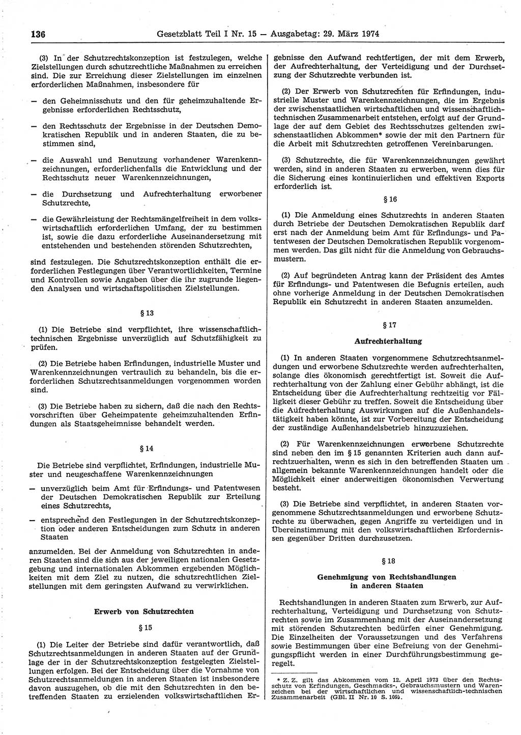 Gesetzblatt (GBl.) der Deutschen Demokratischen Republik (DDR) Teil Ⅰ 1974, Seite 136 (GBl. DDR Ⅰ 1974, S. 136)