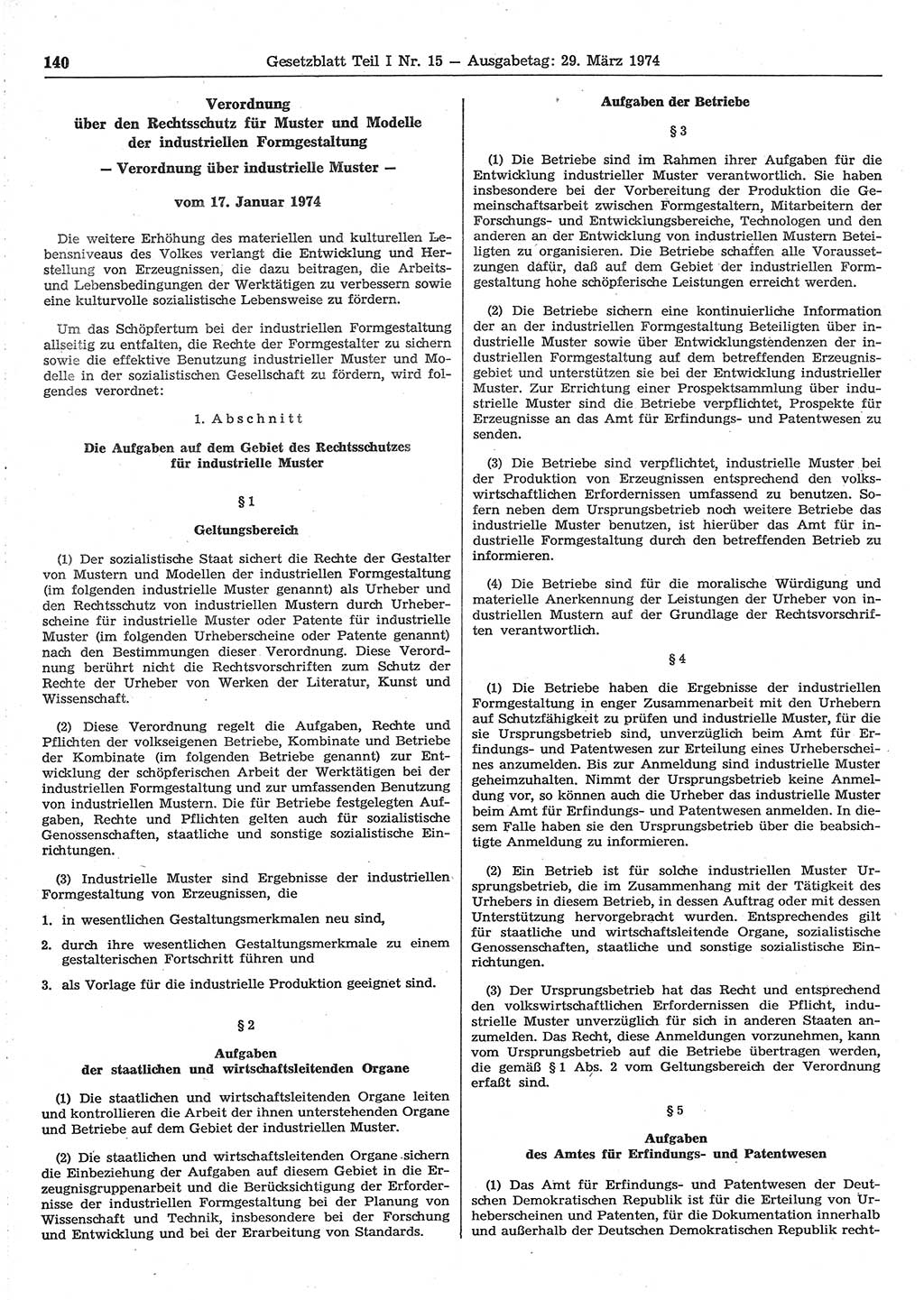 Gesetzblatt (GBl.) der Deutschen Demokratischen Republik (DDR) Teil Ⅰ 1974, Seite 140 (GBl. DDR Ⅰ 1974, S. 140)