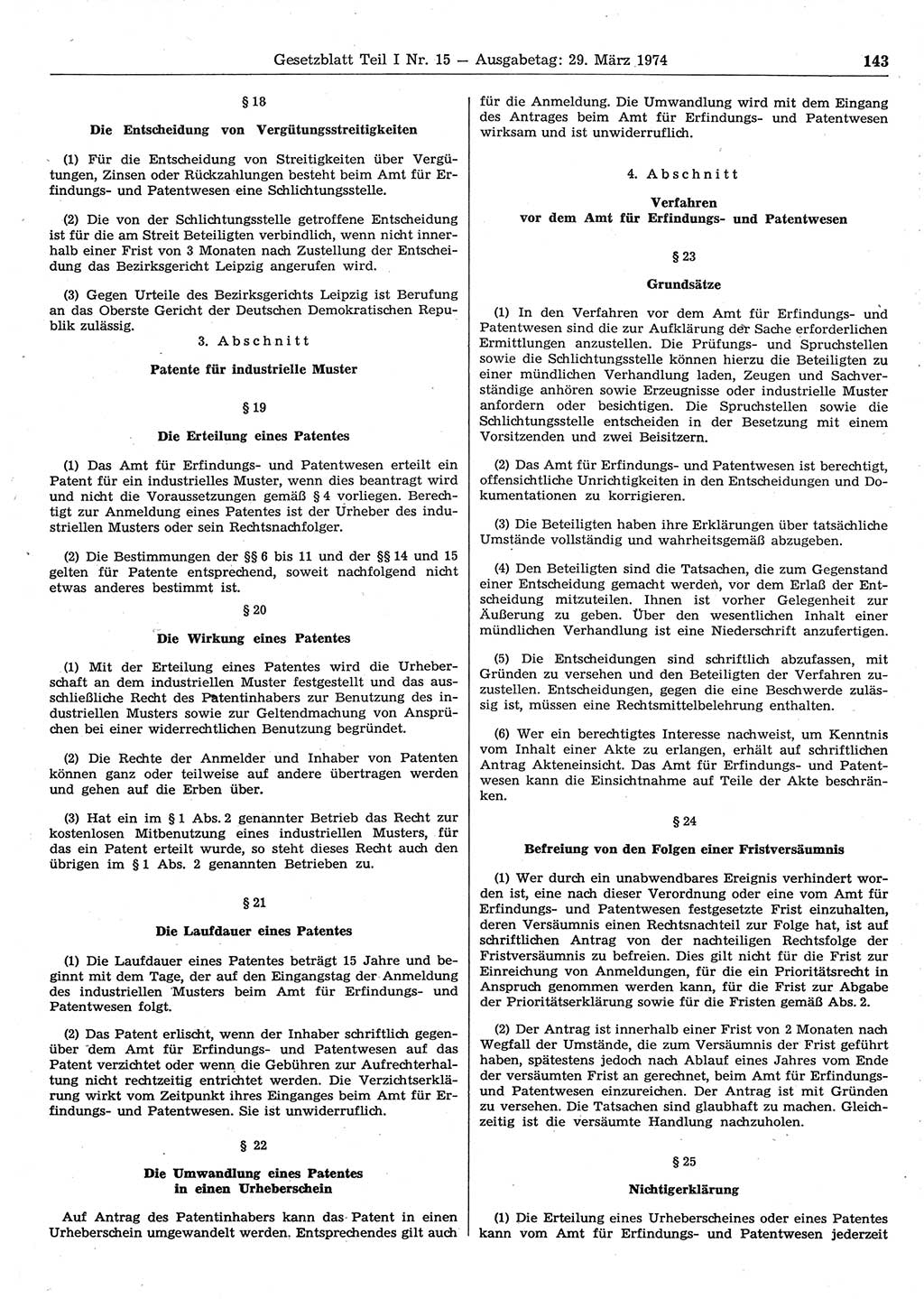 Gesetzblatt (GBl.) der Deutschen Demokratischen Republik (DDR) Teil Ⅰ 1974, Seite 143 (GBl. DDR Ⅰ 1974, S. 143)