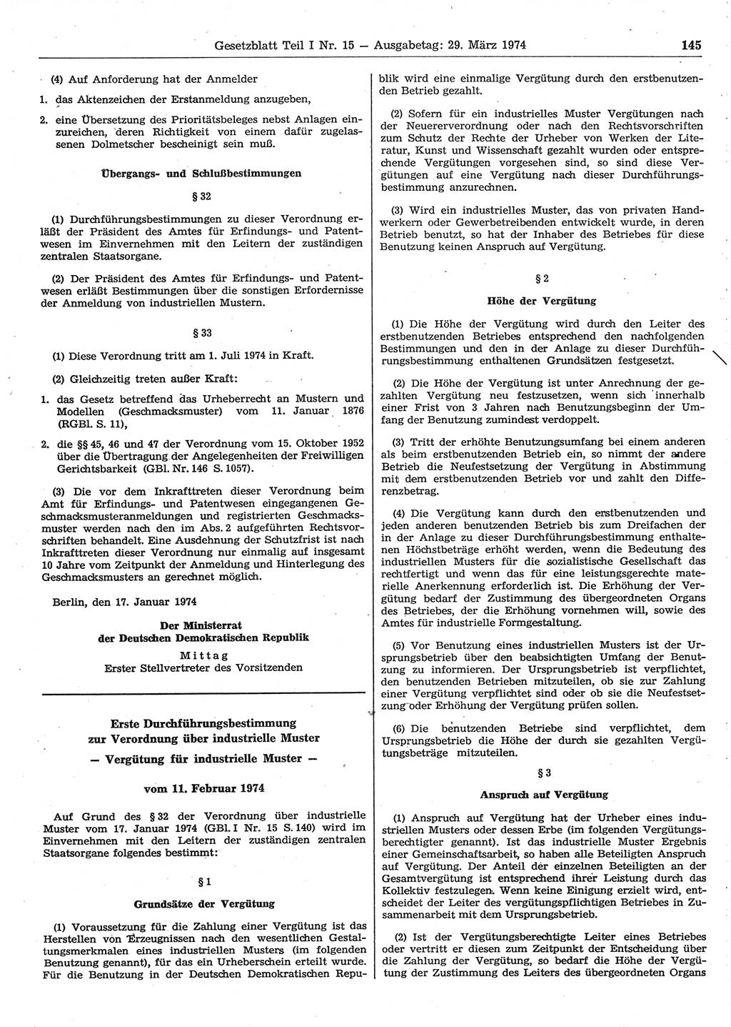 Gesetzblatt (GBl.) der Deutschen Demokratischen Republik (DDR) Teil Ⅰ 1974, Seite 145 (GBl. DDR Ⅰ 1974, S. 145)