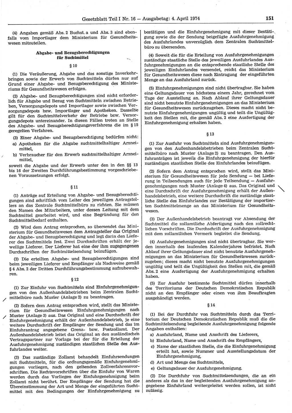 Gesetzblatt (GBl.) der Deutschen Demokratischen Republik (DDR) Teil Ⅰ 1974, Seite 151 (GBl. DDR Ⅰ 1974, S. 151)