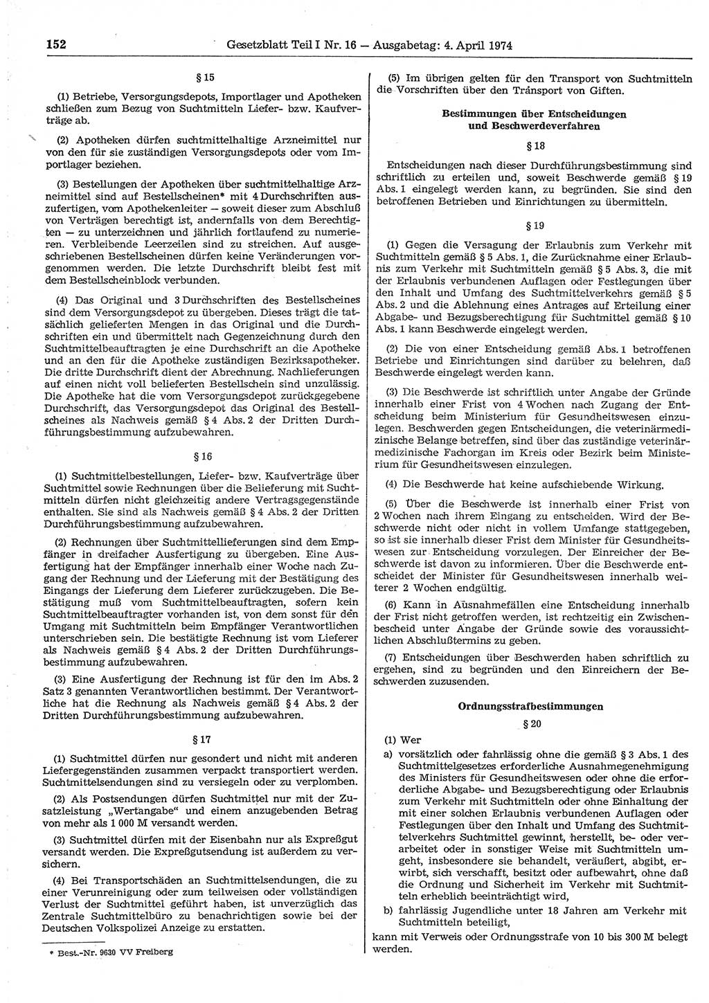 Gesetzblatt (GBl.) der Deutschen Demokratischen Republik (DDR) Teil Ⅰ 1974, Seite 152 (GBl. DDR Ⅰ 1974, S. 152)