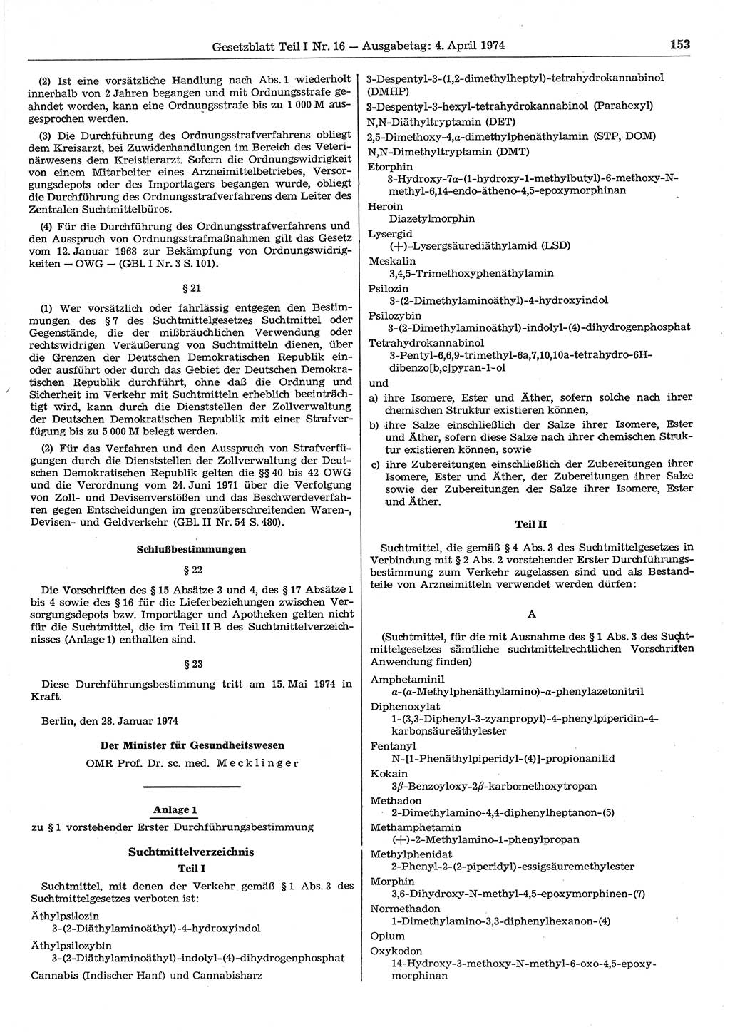 Gesetzblatt (GBl.) der Deutschen Demokratischen Republik (DDR) Teil Ⅰ 1974, Seite 153 (GBl. DDR Ⅰ 1974, S. 153)
