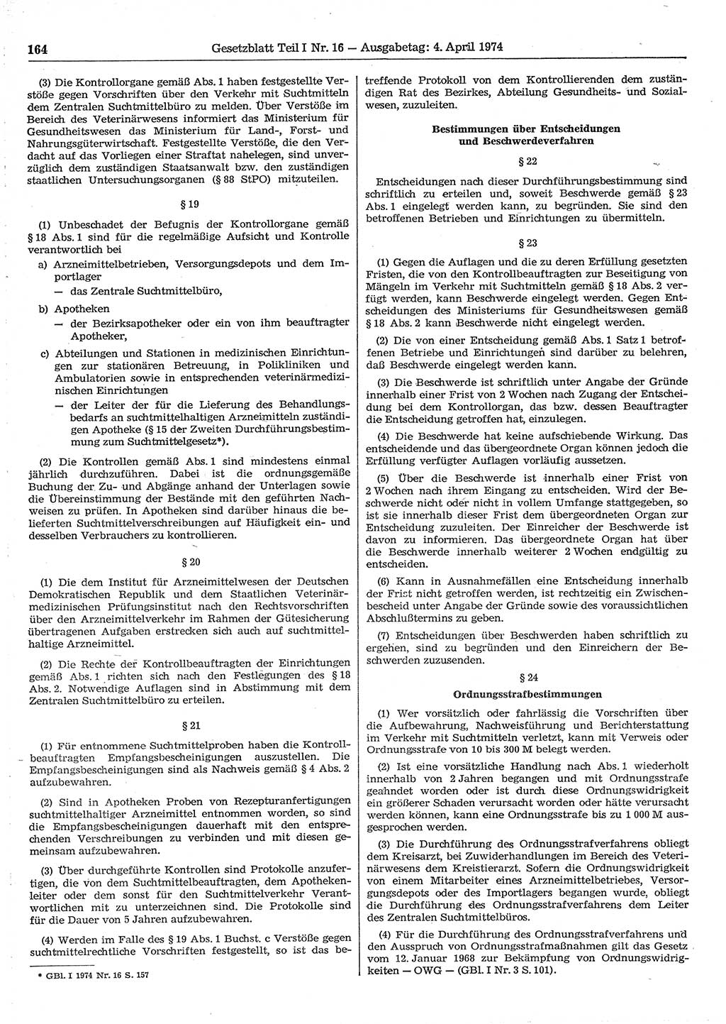 Gesetzblatt (GBl.) der Deutschen Demokratischen Republik (DDR) Teil Ⅰ 1974, Seite 164 (GBl. DDR Ⅰ 1974, S. 164)
