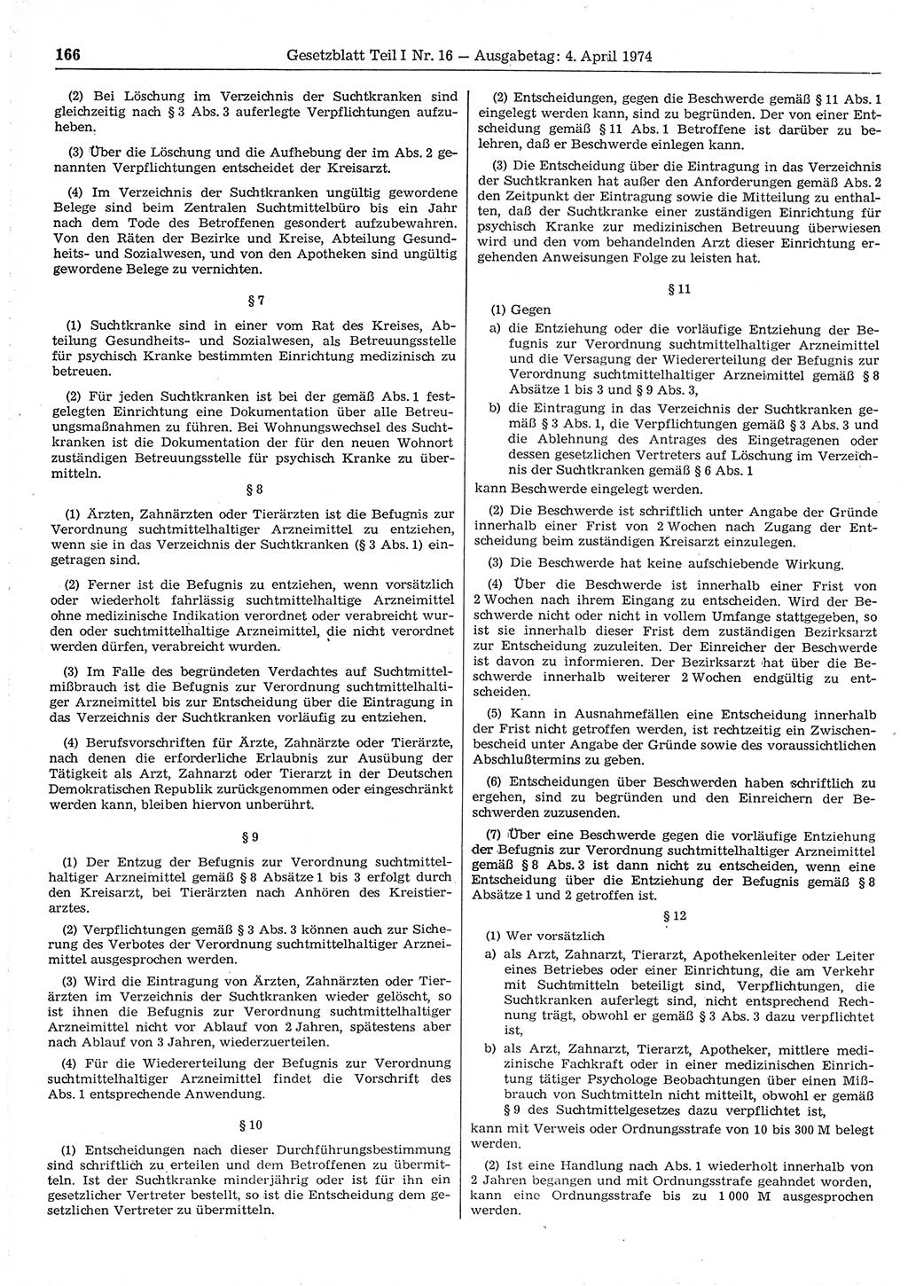 Gesetzblatt (GBl.) der Deutschen Demokratischen Republik (DDR) Teil Ⅰ 1974, Seite 166 (GBl. DDR Ⅰ 1974, S. 166)