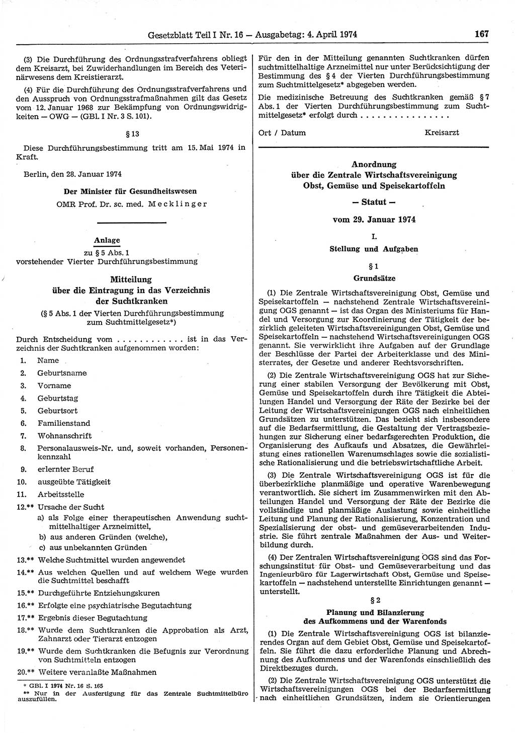 Gesetzblatt (GBl.) der Deutschen Demokratischen Republik (DDR) Teil Ⅰ 1974, Seite 167 (GBl. DDR Ⅰ 1974, S. 167)