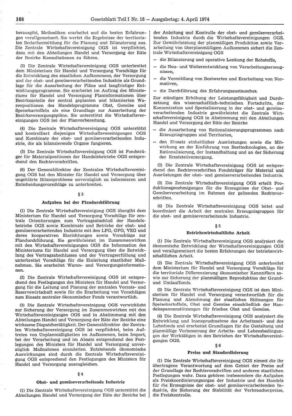 Gesetzblatt (GBl.) der Deutschen Demokratischen Republik (DDR) Teil Ⅰ 1974, Seite 168 (GBl. DDR Ⅰ 1974, S. 168)