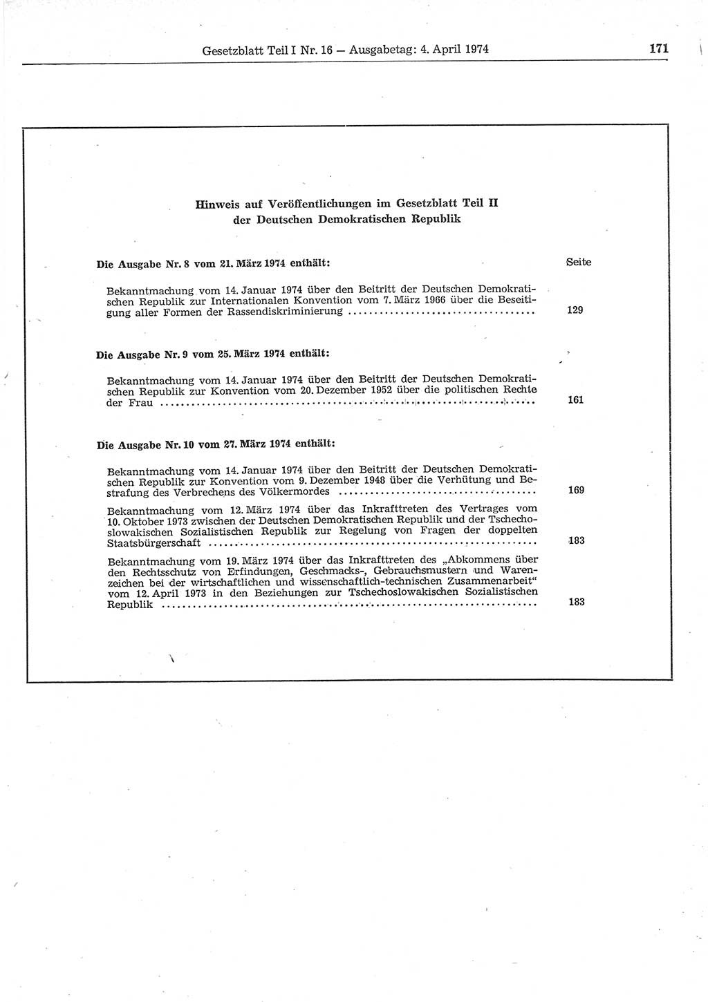 Gesetzblatt (GBl.) der Deutschen Demokratischen Republik (DDR) Teil Ⅰ 1974, Seite 171 (GBl. DDR Ⅰ 1974, S. 171)