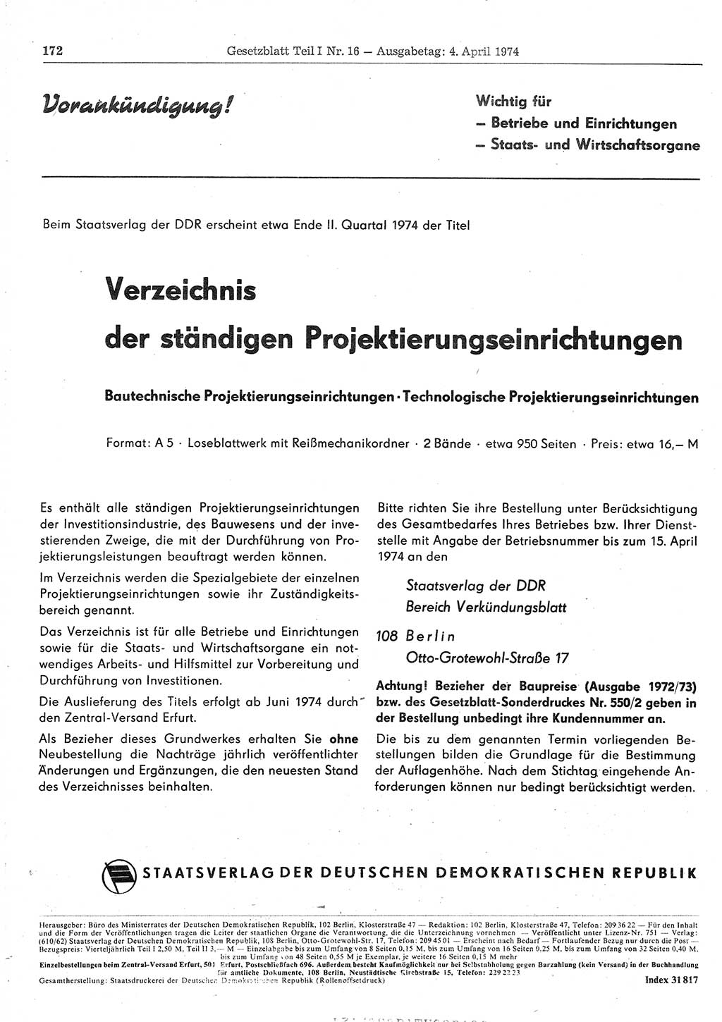 Gesetzblatt (GBl.) der Deutschen Demokratischen Republik (DDR) Teil Ⅰ 1974, Seite 172 (GBl. DDR Ⅰ 1974, S. 172)