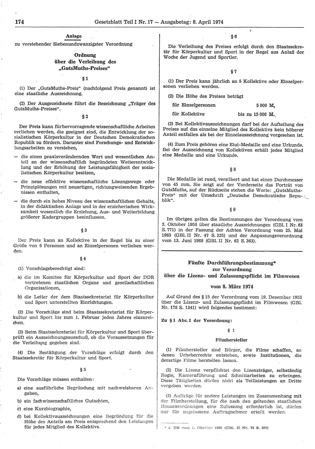 Gesetzblatt (GBl.) der Deutschen Demokratischen Republik (DDR) Teil Ⅰ 1974, Seite 174 (GBl. DDR Ⅰ 1974, S. 174)