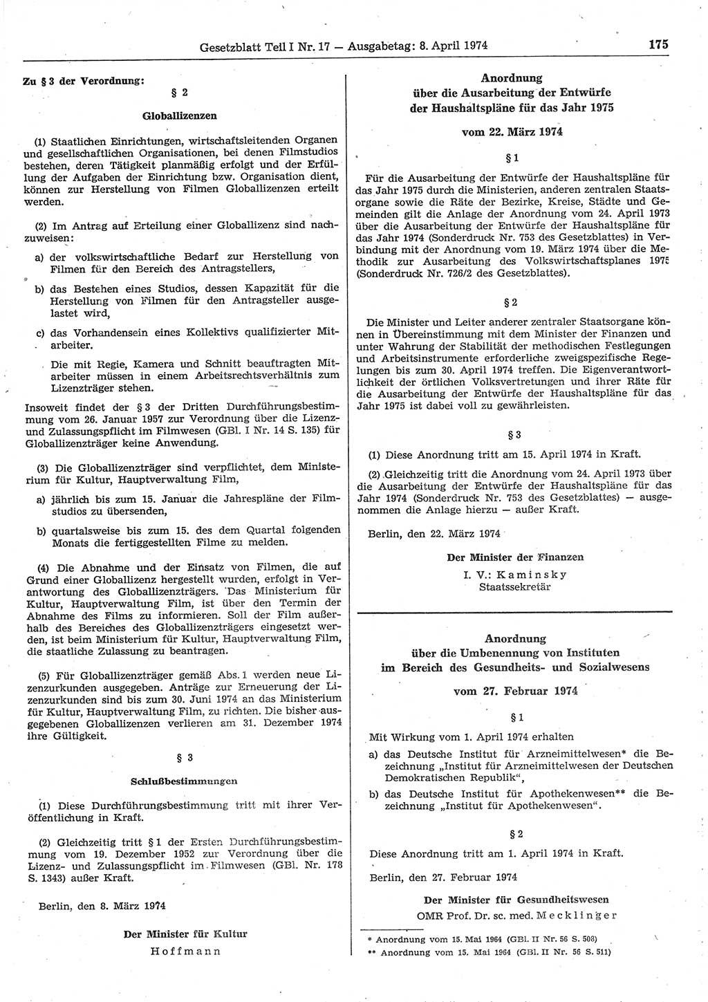 Gesetzblatt (GBl.) der Deutschen Demokratischen Republik (DDR) Teil Ⅰ 1974, Seite 175 (GBl. DDR Ⅰ 1974, S. 175)