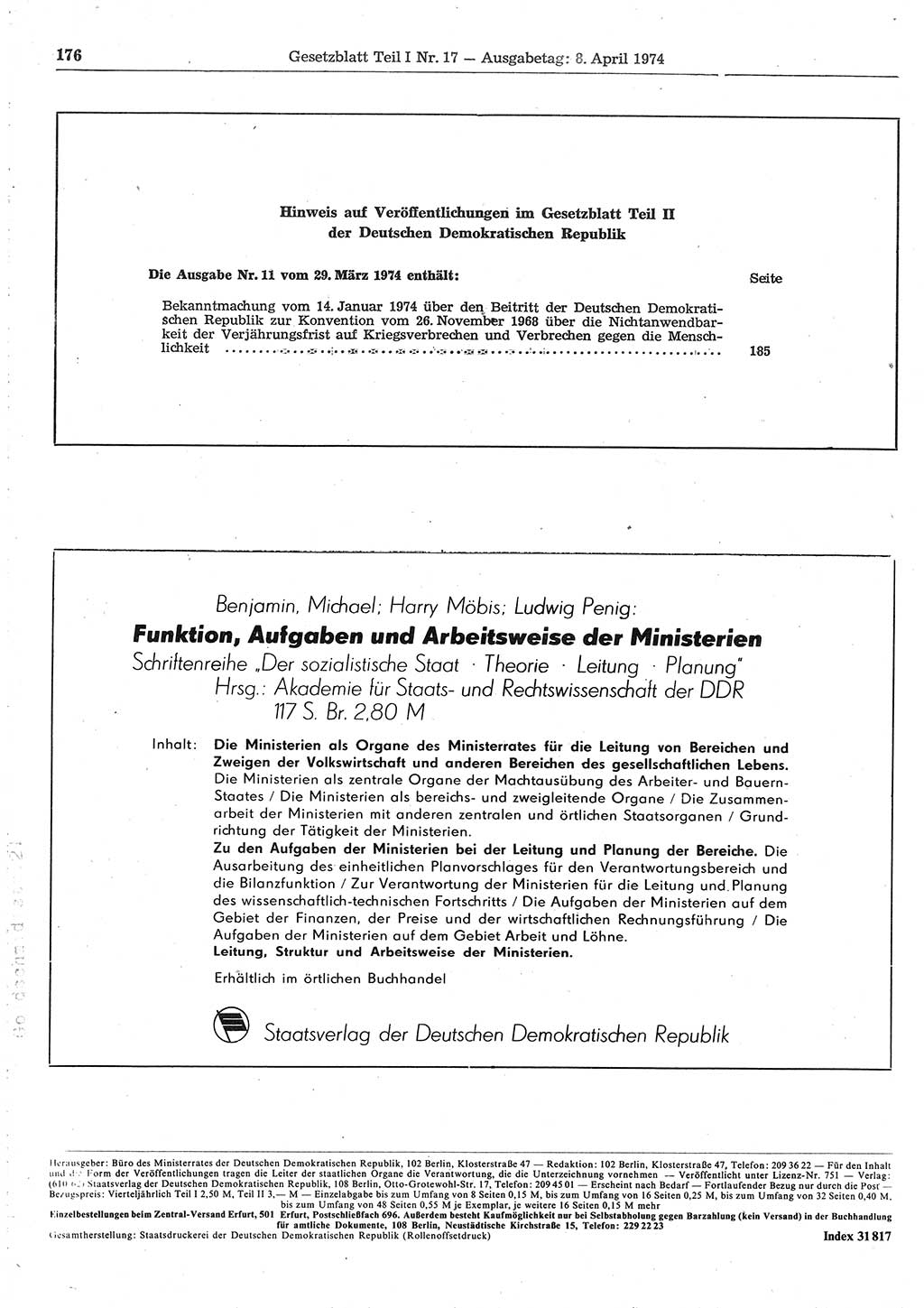Gesetzblatt (GBl.) der Deutschen Demokratischen Republik (DDR) Teil Ⅰ 1974, Seite 176 (GBl. DDR Ⅰ 1974, S. 176)