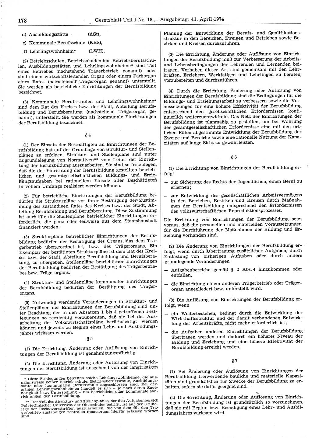 Gesetzblatt (GBl.) der Deutschen Demokratischen Republik (DDR) Teil Ⅰ 1974, Seite 178 (GBl. DDR Ⅰ 1974, S. 178)