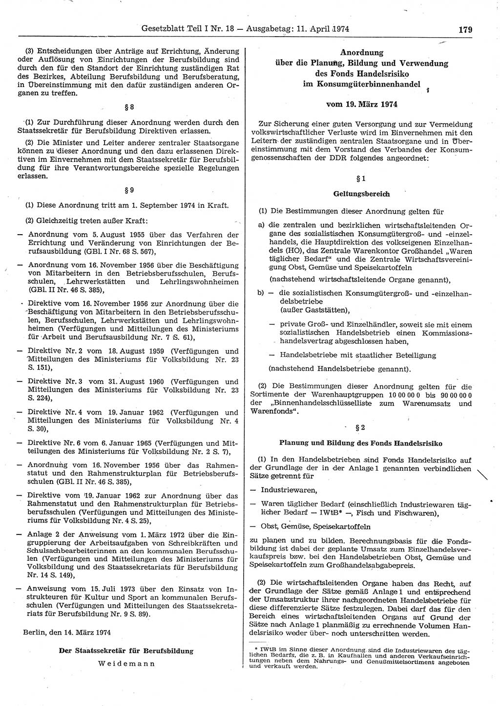Gesetzblatt (GBl.) der Deutschen Demokratischen Republik (DDR) Teil Ⅰ 1974, Seite 179 (GBl. DDR Ⅰ 1974, S. 179)