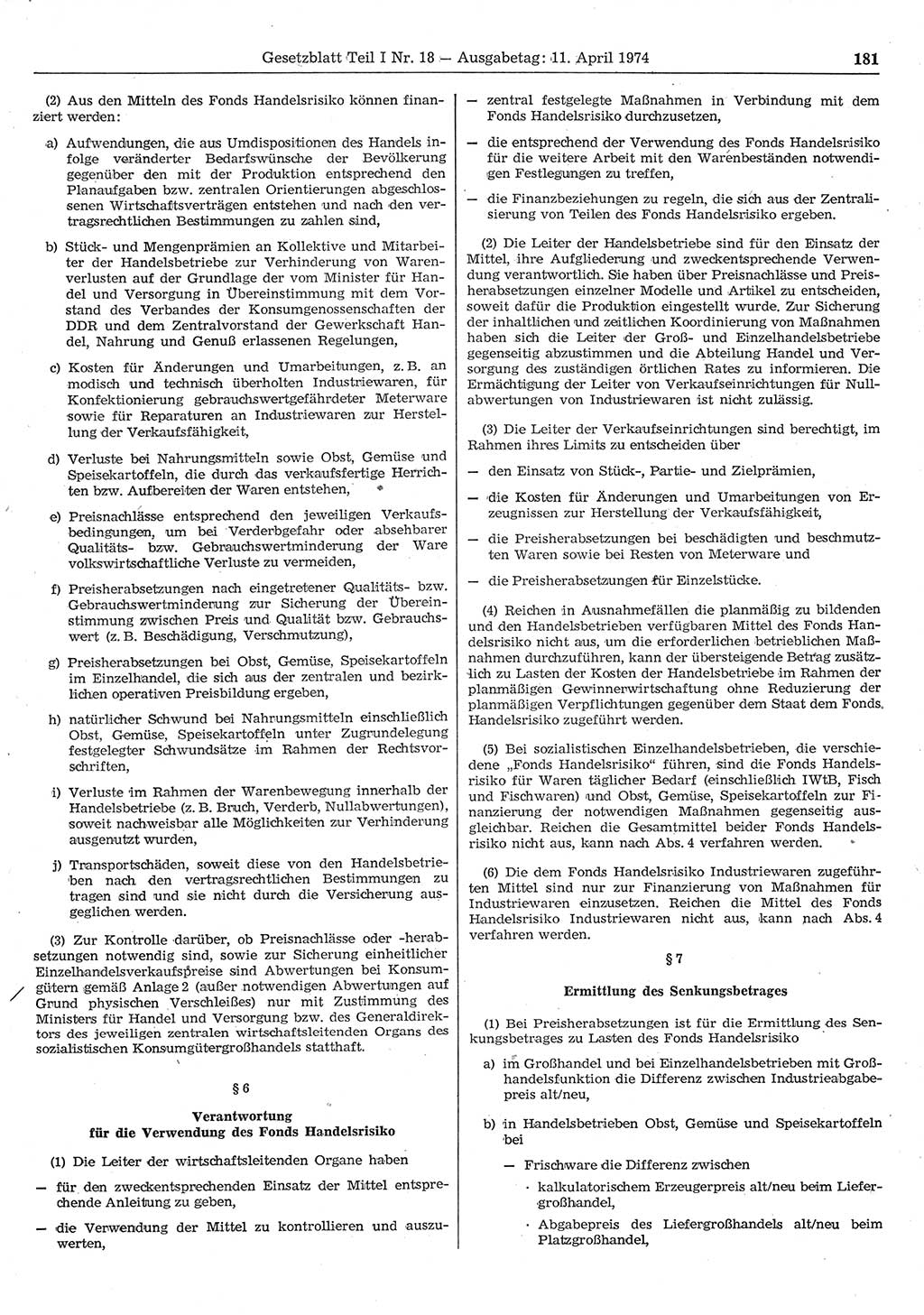Gesetzblatt (GBl.) der Deutschen Demokratischen Republik (DDR) Teil Ⅰ 1974, Seite 181 (GBl. DDR Ⅰ 1974, S. 181)
