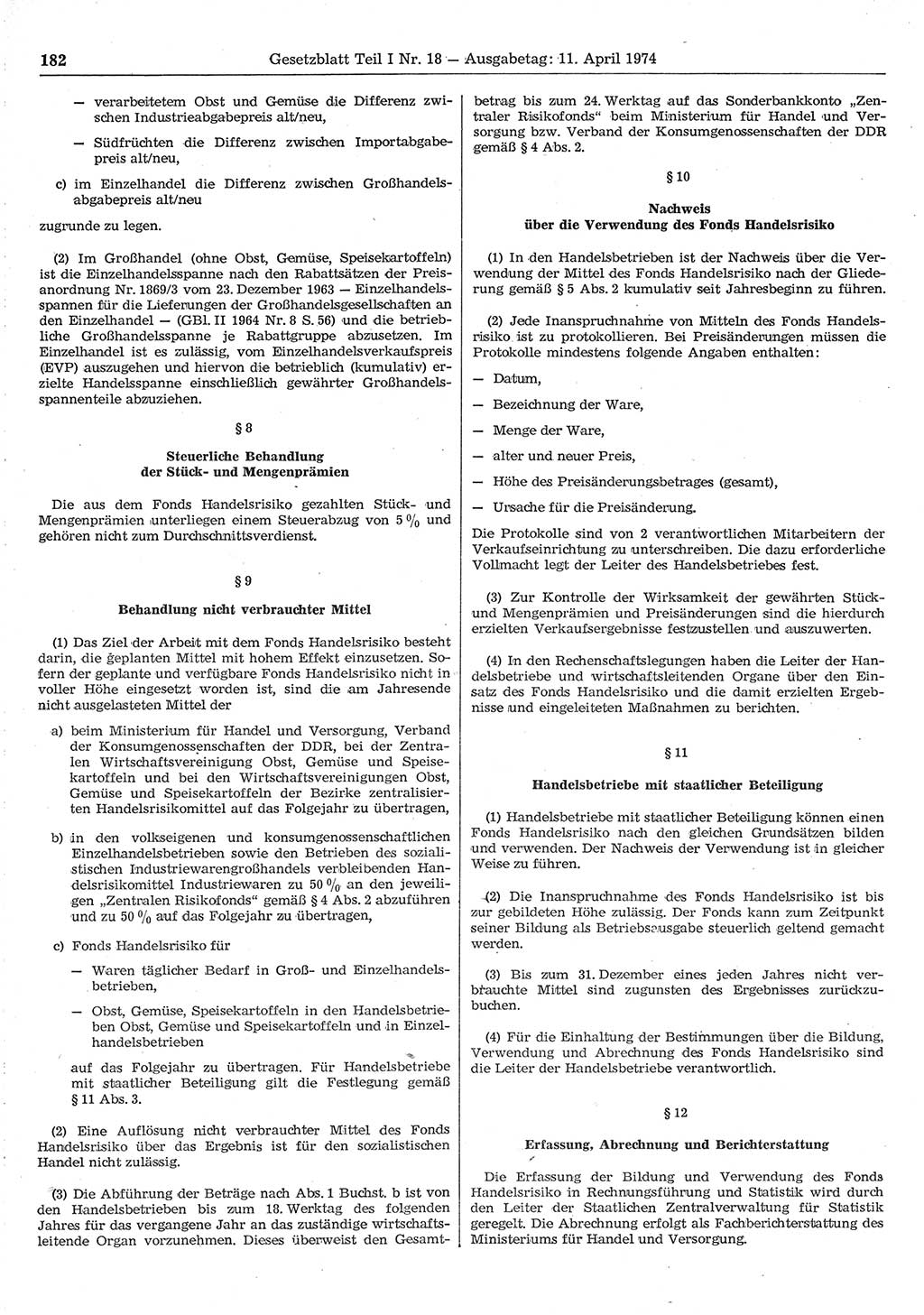Gesetzblatt (GBl.) der Deutschen Demokratischen Republik (DDR) Teil Ⅰ 1974, Seite 182 (GBl. DDR Ⅰ 1974, S. 182)