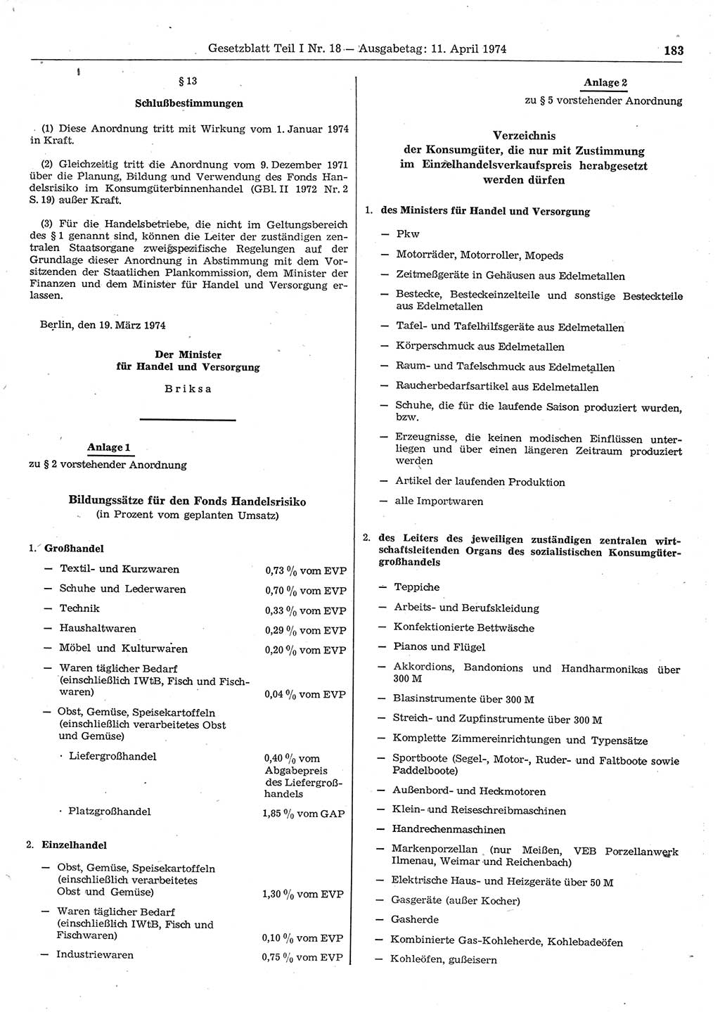 Gesetzblatt (GBl.) der Deutschen Demokratischen Republik (DDR) Teil Ⅰ 1974, Seite 183 (GBl. DDR Ⅰ 1974, S. 183)