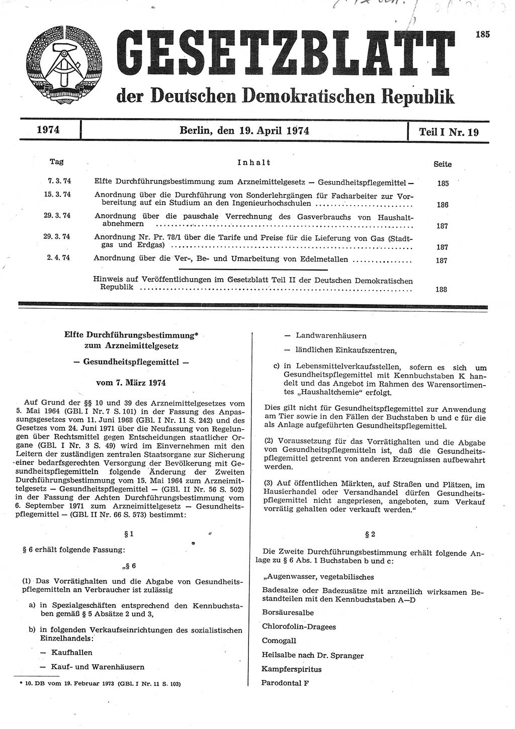 Gesetzblatt (GBl.) der Deutschen Demokratischen Republik (DDR) Teil Ⅰ 1974, Seite 185 (GBl. DDR Ⅰ 1974, S. 185)