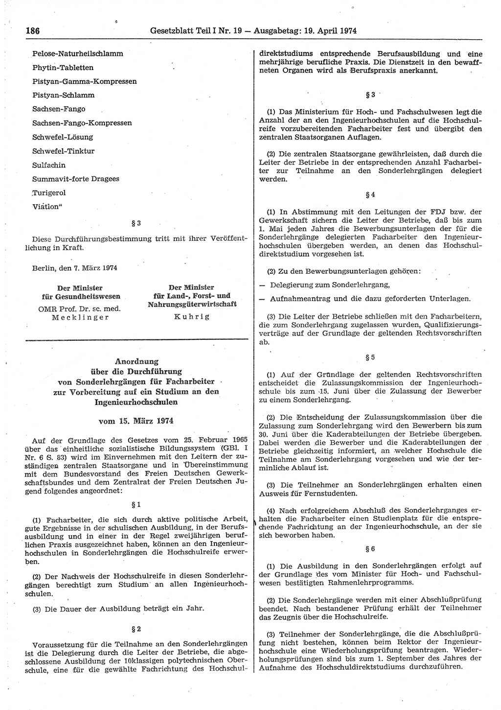 Gesetzblatt (GBl.) der Deutschen Demokratischen Republik (DDR) Teil Ⅰ 1974, Seite 186 (GBl. DDR Ⅰ 1974, S. 186)