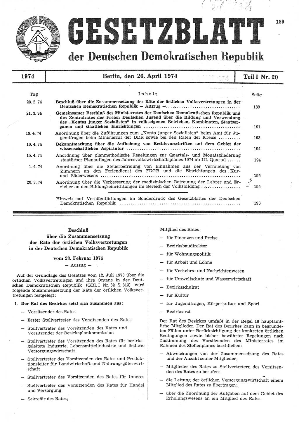 Gesetzblatt (GBl.) der Deutschen Demokratischen Republik (DDR) Teil Ⅰ 1974, Seite 189 (GBl. DDR Ⅰ 1974, S. 189)