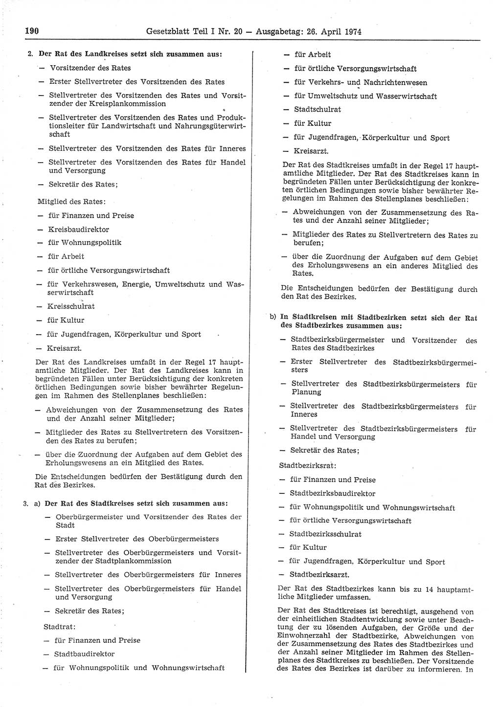 Gesetzblatt (GBl.) der Deutschen Demokratischen Republik (DDR) Teil Ⅰ 1974, Seite 190 (GBl. DDR Ⅰ 1974, S. 190)