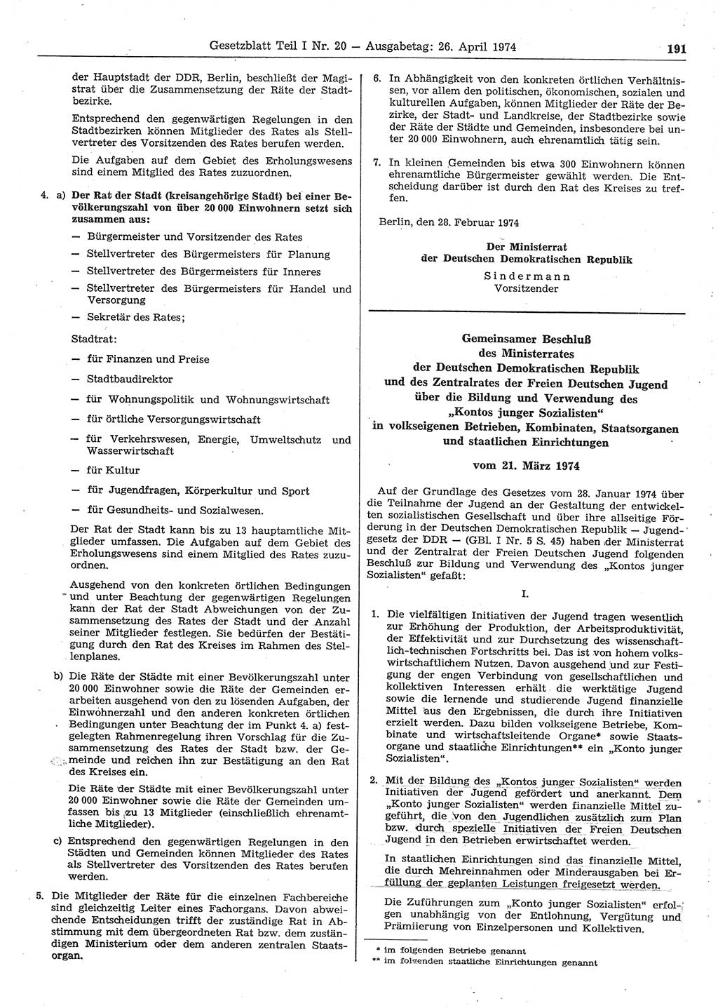 Gesetzblatt (GBl.) der Deutschen Demokratischen Republik (DDR) Teil Ⅰ 1974, Seite 191 (GBl. DDR Ⅰ 1974, S. 191)