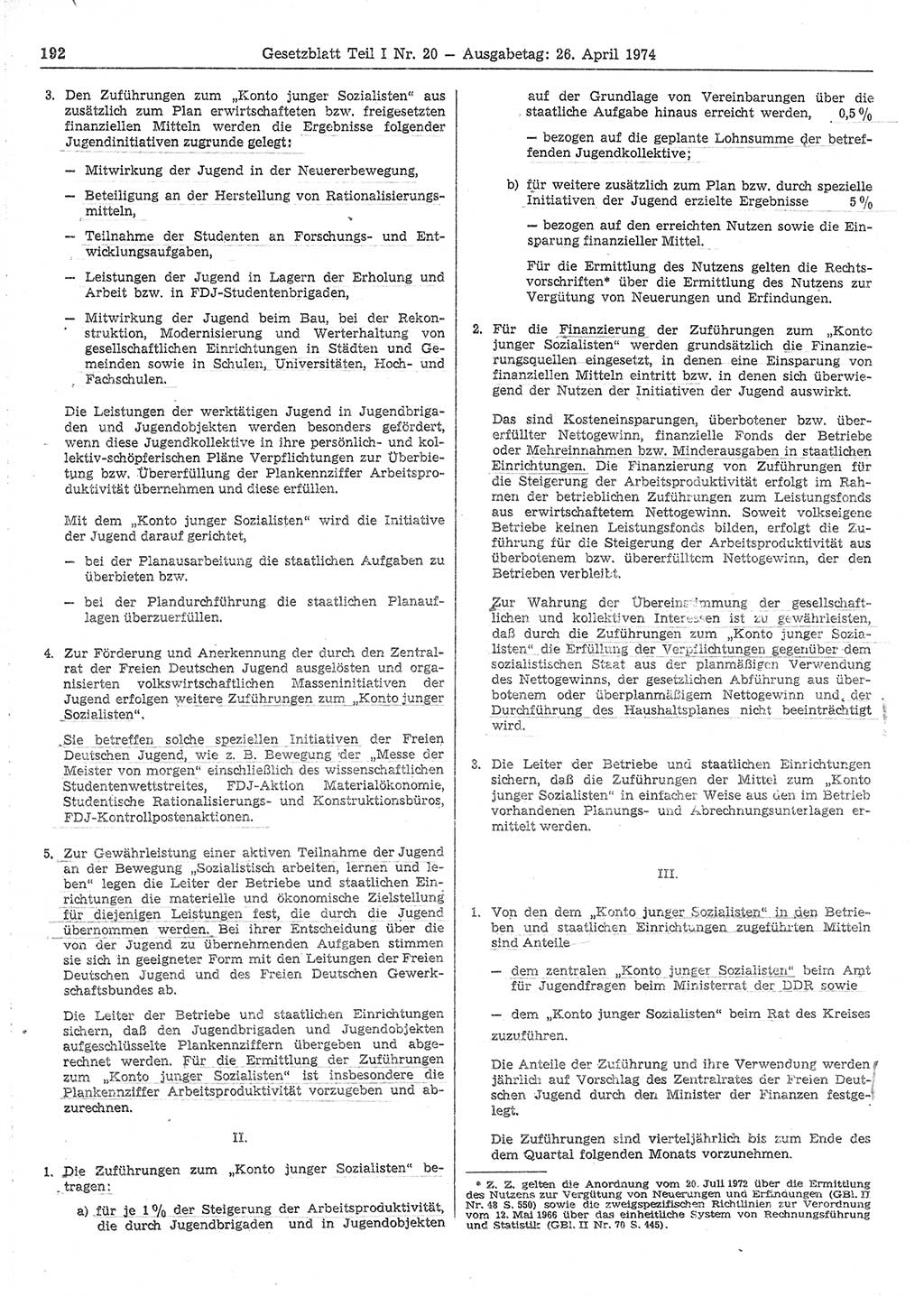 Gesetzblatt (GBl.) der Deutschen Demokratischen Republik (DDR) Teil Ⅰ 1974, Seite 192 (GBl. DDR Ⅰ 1974, S. 192)