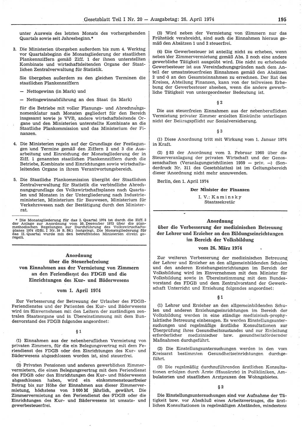 Gesetzblatt (GBl.) der Deutschen Demokratischen Republik (DDR) Teil Ⅰ 1974, Seite 195 (GBl. DDR Ⅰ 1974, S. 195)
