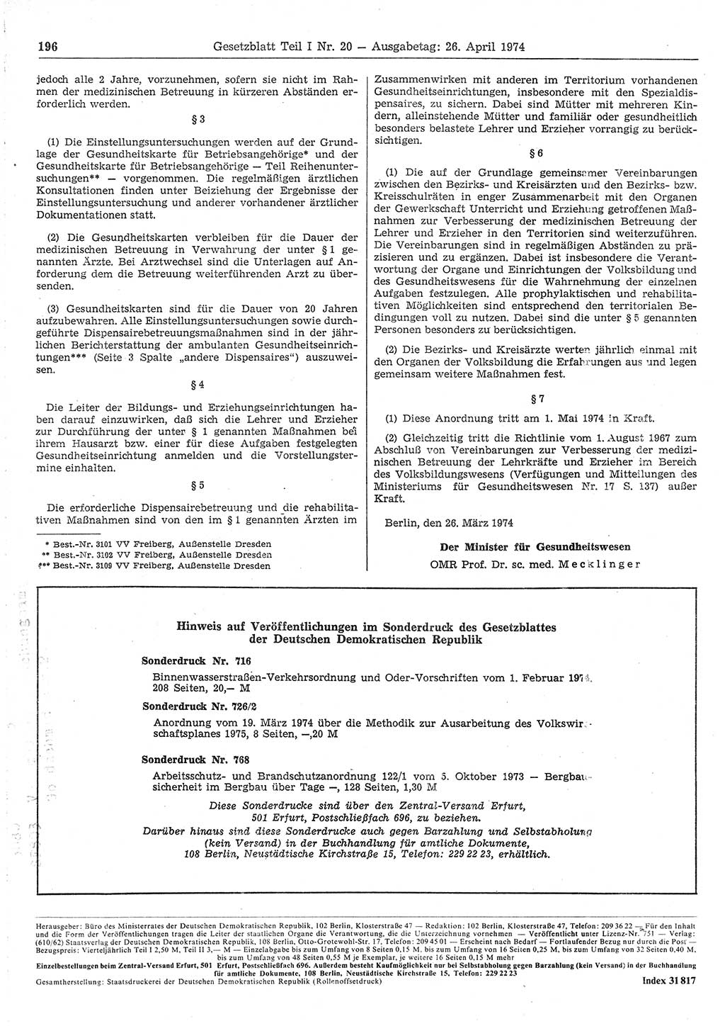 Gesetzblatt (GBl.) der Deutschen Demokratischen Republik (DDR) Teil Ⅰ 1974, Seite 196 (GBl. DDR Ⅰ 1974, S. 196)