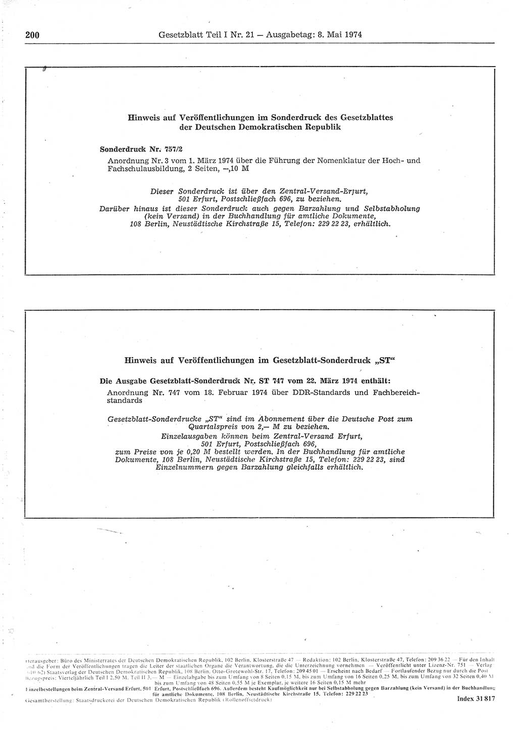 Gesetzblatt (GBl.) der Deutschen Demokratischen Republik (DDR) Teil Ⅰ 1974, Seite 200 (GBl. DDR Ⅰ 1974, S. 200)