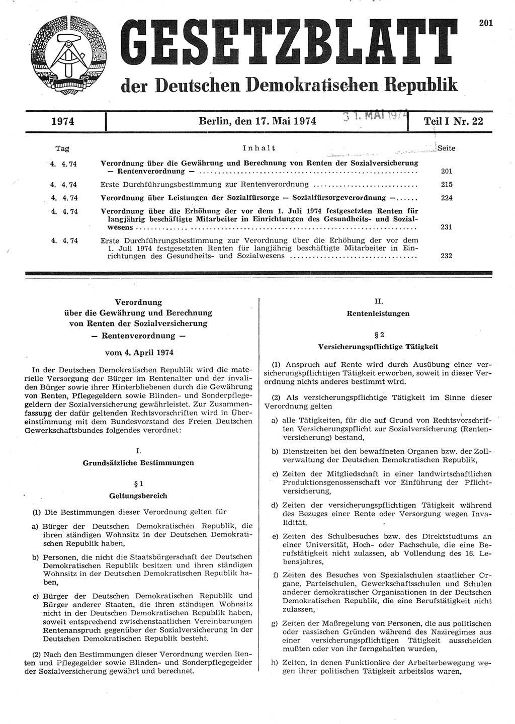 Gesetzblatt (GBl.) der Deutschen Demokratischen Republik (DDR) Teil Ⅰ 1974, Seite 201 (GBl. DDR Ⅰ 1974, S. 201)
