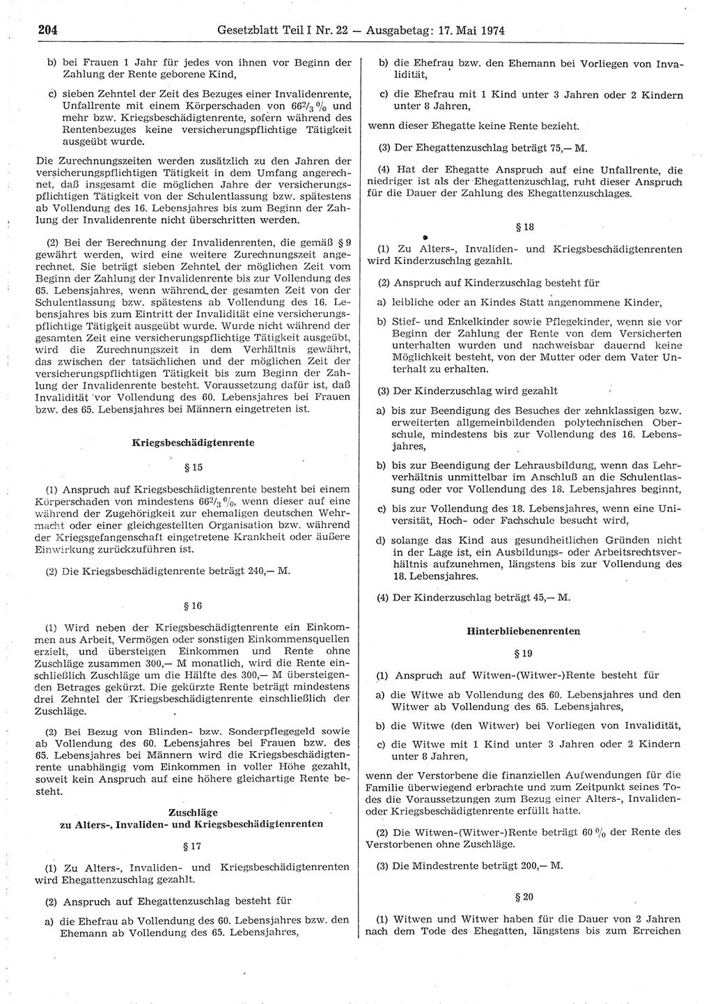 Gesetzblatt (GBl.) der Deutschen Demokratischen Republik (DDR) Teil Ⅰ 1974, Seite 204 (GBl. DDR Ⅰ 1974, S. 204)