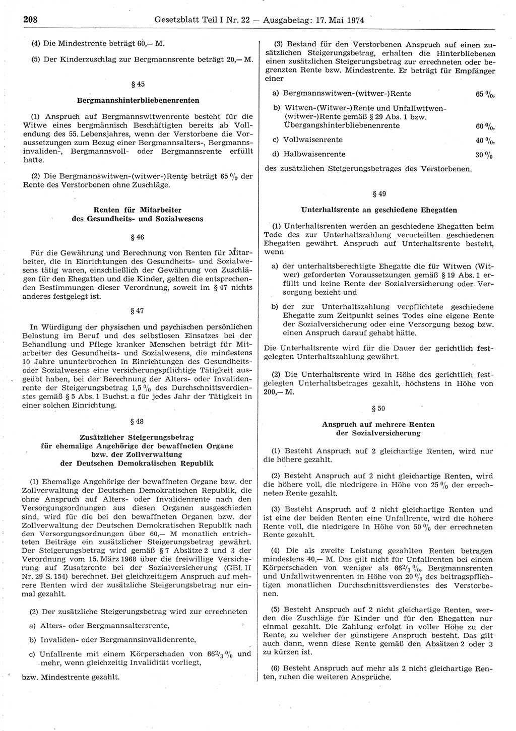 Gesetzblatt (GBl.) der Deutschen Demokratischen Republik (DDR) Teil Ⅰ 1974, Seite 208 (GBl. DDR Ⅰ 1974, S. 208)
