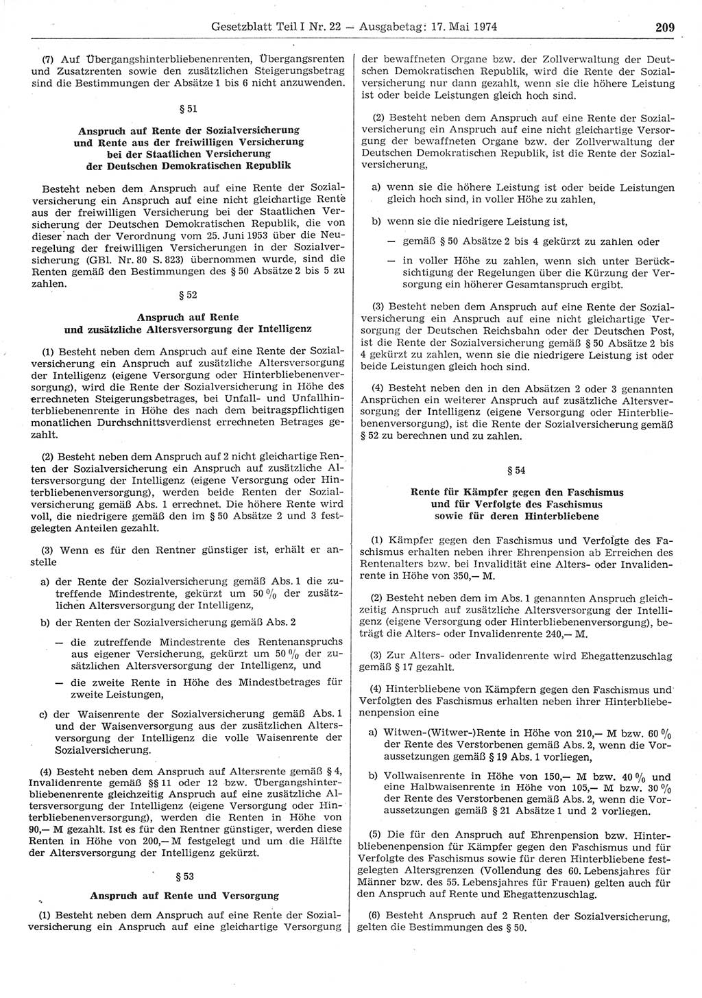 Gesetzblatt (GBl.) der Deutschen Demokratischen Republik (DDR) Teil Ⅰ 1974, Seite 209 (GBl. DDR Ⅰ 1974, S. 209)