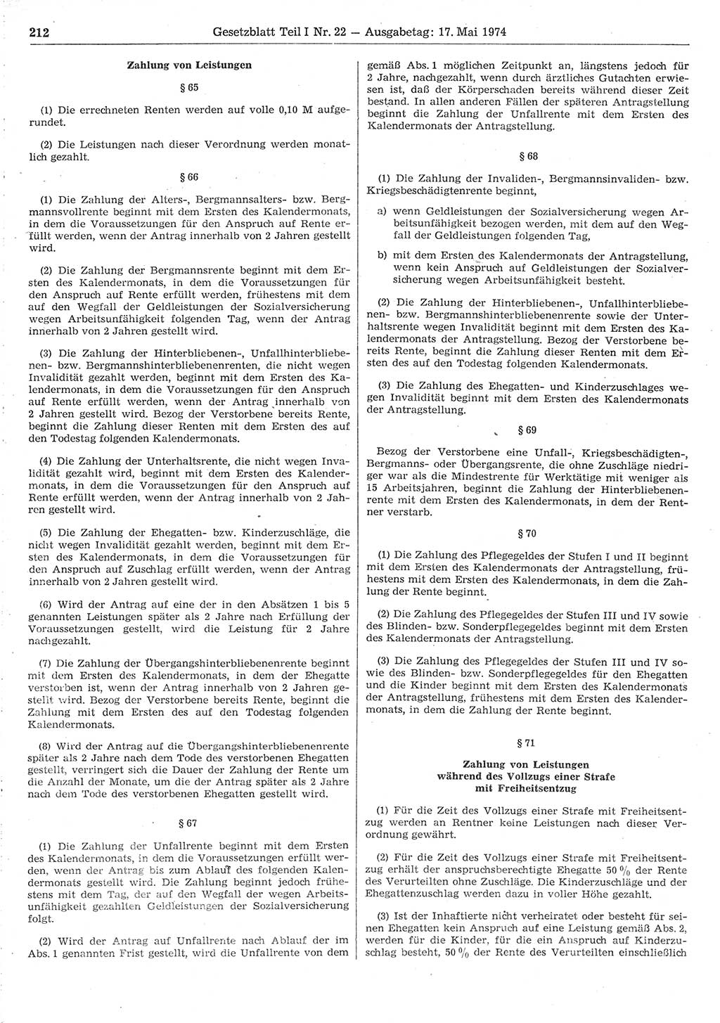 Gesetzblatt (GBl.) der Deutschen Demokratischen Republik (DDR) Teil Ⅰ 1974, Seite 212 (GBl. DDR Ⅰ 1974, S. 212)