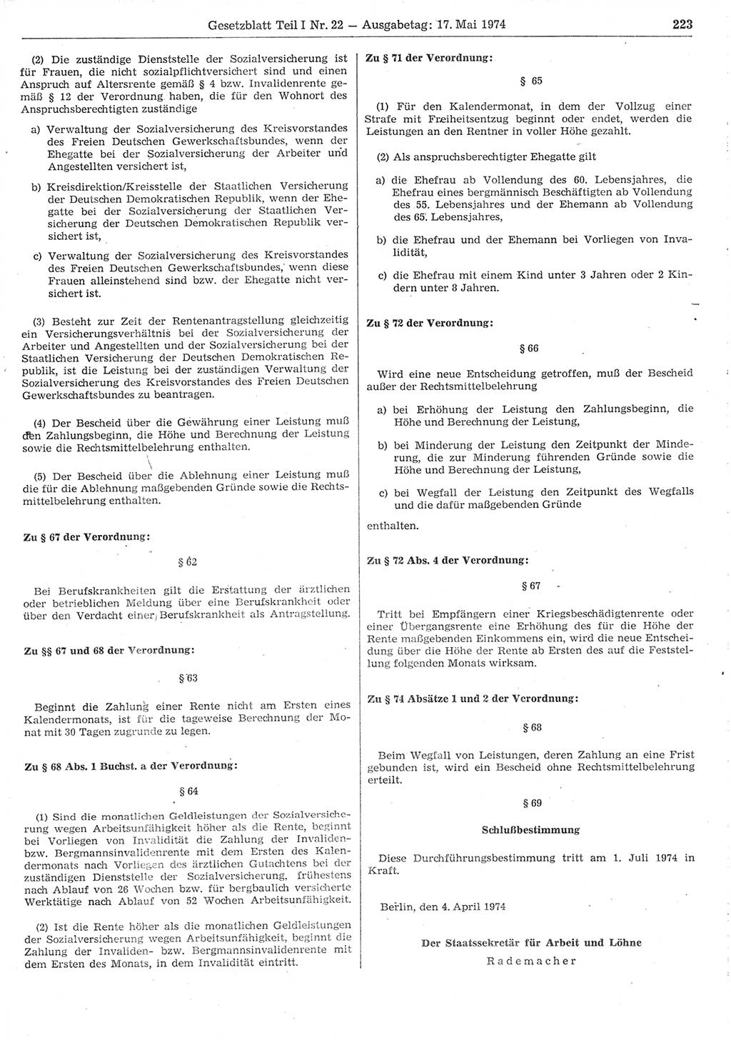 Gesetzblatt (GBl.) der Deutschen Demokratischen Republik (DDR) Teil Ⅰ 1974, Seite 223 (GBl. DDR Ⅰ 1974, S. 223)
