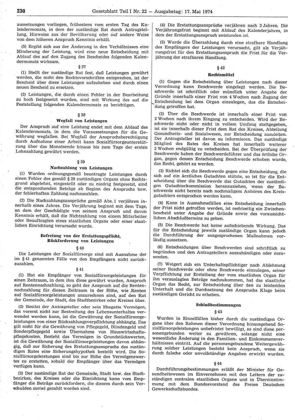 Gesetzblatt (GBl.) der Deutschen Demokratischen Republik (DDR) Teil Ⅰ 1974, Seite 230 (GBl. DDR Ⅰ 1974, S. 230)