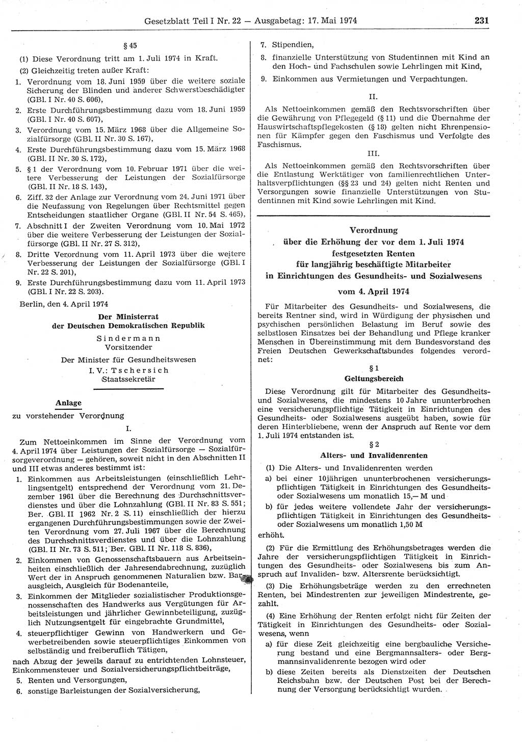 Gesetzblatt (GBl.) der Deutschen Demokratischen Republik (DDR) Teil Ⅰ 1974, Seite 231 (GBl. DDR Ⅰ 1974, S. 231)