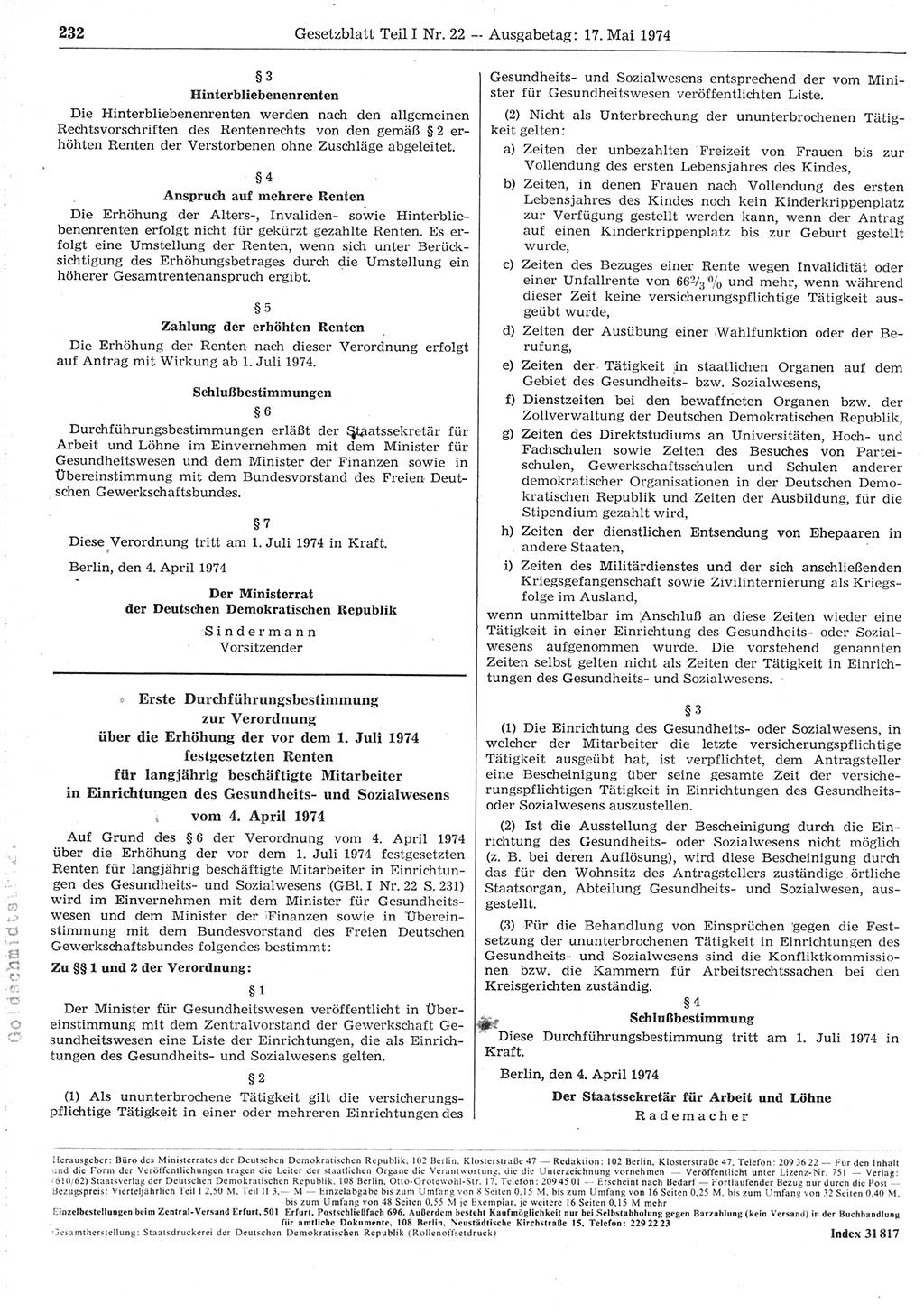 Gesetzblatt (GBl.) der Deutschen Demokratischen Republik (DDR) Teil Ⅰ 1974, Seite 232 (GBl. DDR Ⅰ 1974, S. 232)