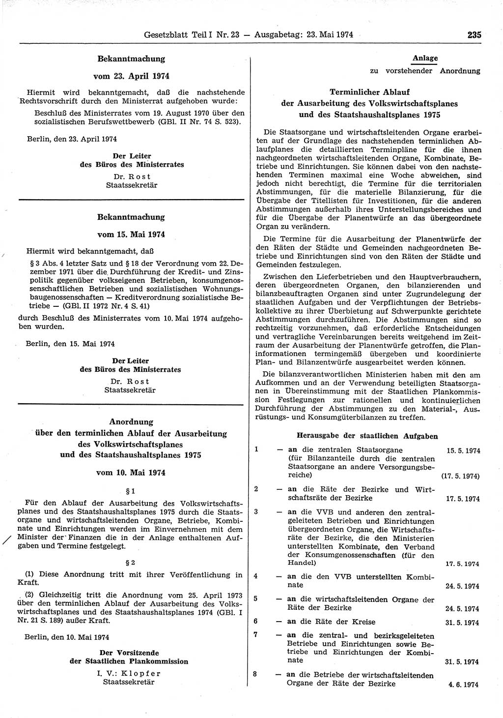 Gesetzblatt (GBl.) der Deutschen Demokratischen Republik (DDR) Teil Ⅰ 1974, Seite 235 (GBl. DDR Ⅰ 1974, S. 235)