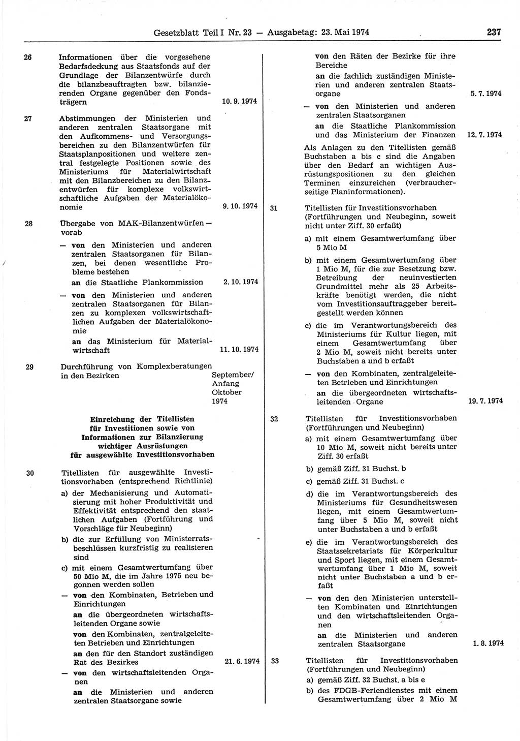 Gesetzblatt (GBl.) der Deutschen Demokratischen Republik (DDR) Teil Ⅰ 1974, Seite 237 (GBl. DDR Ⅰ 1974, S. 237)